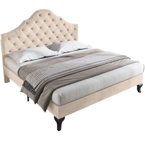 Bett Samt Off-White 140x190 cm, mit Lattenrost und höhenverstellbarem Kopfteil