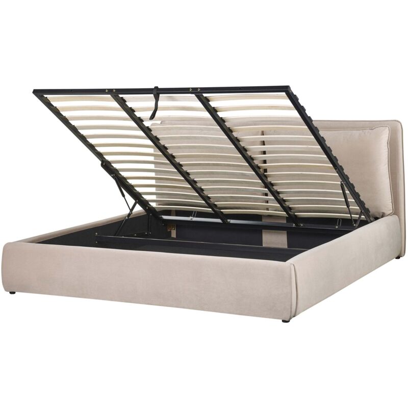 Beliani Bett Mit Bettkasten Beige Samt Gepolstert 180 X 200 Cm Lattenrost Hochklappbar Hohes Kopfteil Viel Stauraum Modern Doppelbett Schlafzimmer