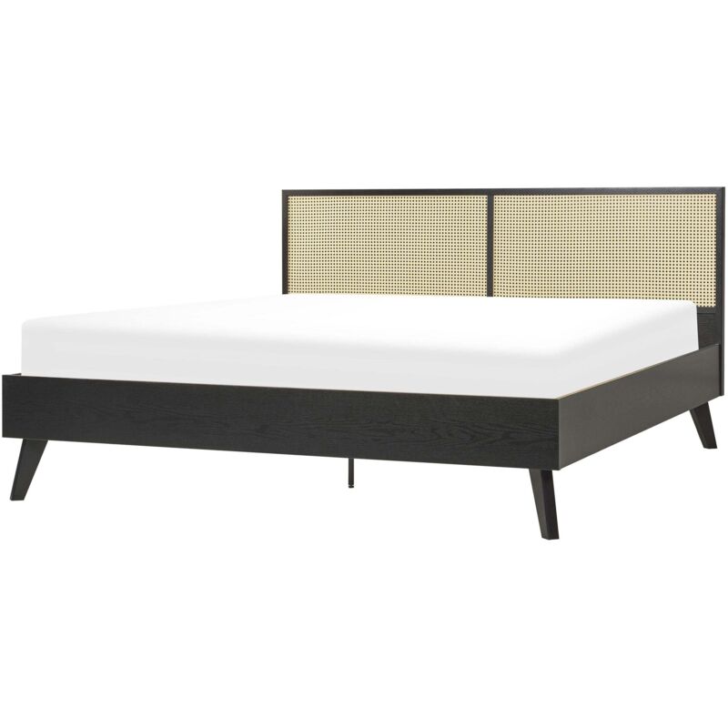 Beliani Bett Schwarz Pappel-faserplatte Mit Lattenrost 180 X 200 Cm Holzbeinen Hohem Kopfteil Aus Wiener Geflecht Modern Schlafzimmer Möbel Doppelbett