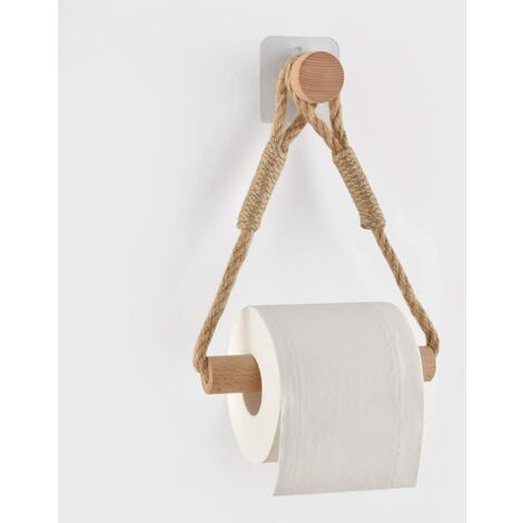 BETT Self Adhesive Toilet Roll Holder, Bathroom Paper Holder Toilet Towel Roll Holder Wooden Rope Rustic Towel Ring