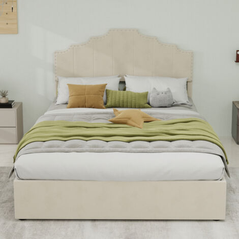 Bett Stoff & Metall Beige 140x200 cm mit gepolstertem Kopfteil und Lattenrost