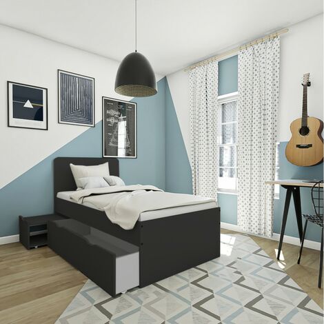 LE QUAI DES AFFAIRES Bett ZENIA 90x190 + 1 Nachttisch + 1 Schublade / Schwarz/ 194,5x96x80
