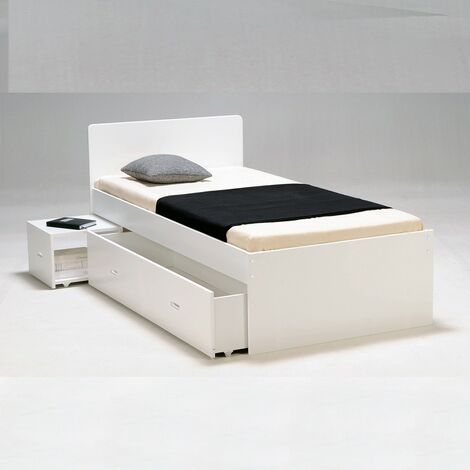 Bett ZENIA 90x190 + 1 Nachttisch + 1 Schublade / Weiß/ 194,5x96x80