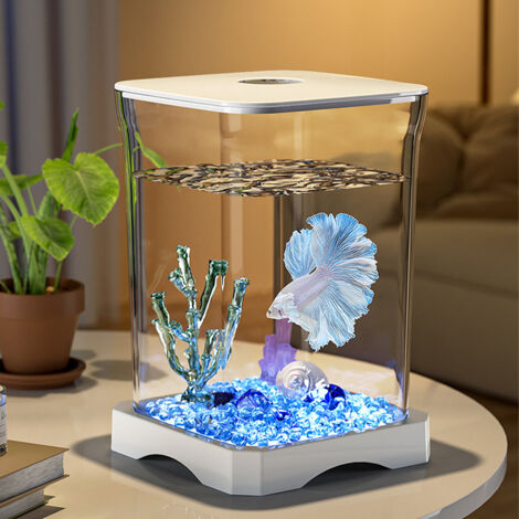 Betta Fish Tank, Kit de démarrage d'aquarium, Mini aquarium rectangulaire de bureau avec trou d'alimentation en haut et lumière de fond intégrée Décoration de table pour Betta Fish, Blanc