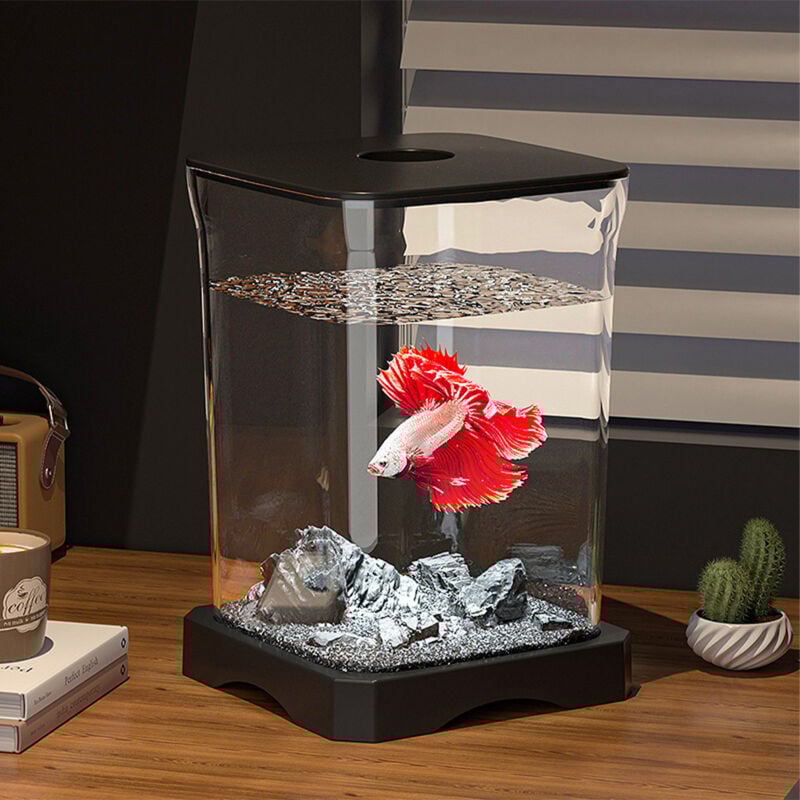 Betta Fish Tank, Kit de démarrage d'aquarium, Mini aquarium rectangulaire de bureau avec trou d'alimentation en haut et lumière de fond intégrée