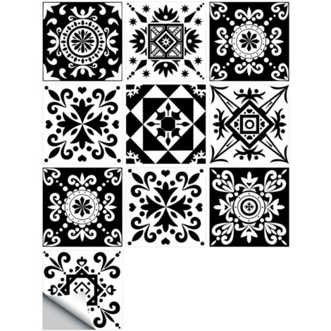BETTE 10 Pieces Tile Stickers 15x15cm Classic Black and White Moroccan Wall Tile Adhesive Kitchen Bathroom Cement Tiles Wall Decoration
