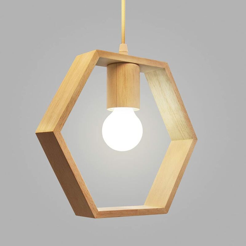 BETTE Pendant Light, Nordic Wood Chandelier Geometric Hexagon Pendant Lights Single Head Hanging Dining Room Bar Restaurant Wooden Lamp without Bulb