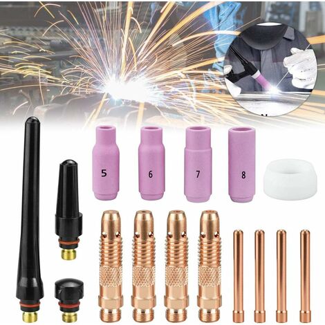Betterlife Kit de 16 Pcs Pince TIG Buse en Céramique Casquette Torche de Soudure TIG Gaz Lentille Corps de Pince TIG Capuchons Arrière TIG Accessoire Soudage pour WP - 17/18 / 26 TIG Torche Soudage