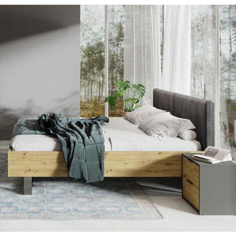 Bettgestell 180x200 cm mit 2 Nachttischen modern in Eiche mit gepolstertem Kopfteil RAGUSA-166