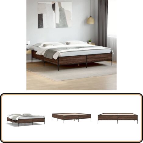 Bettgestell Braun Eichen-Optik 180x200 cm Holzwerkstoff Metall - Holzbettwäsche - Doppelbett - Lattenrost - Bettrahmen - Eiche Möbel