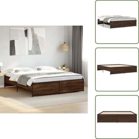 Bettgestell Braun Eichen-Optik 200x200 cm Holzwerkstoff Metall - Holzbettwäsche - Doppelbett - Boxspringbett - Lattenrost - Bettrahmen