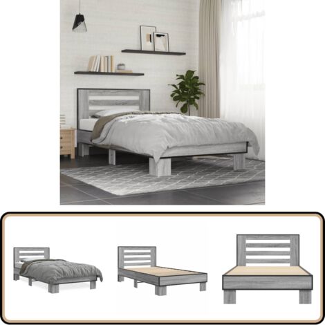 Bettgestell Grau Sonoma 100x200 cm Holzwerkstoff und Metall - Holzbettfassungen - Bettrahmen Grau - Doppelbett Gestell - Bettkasten Ohne Schublade - Einzelbett Rahmen