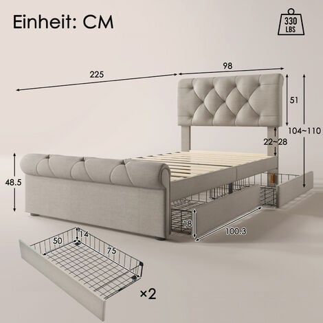 Bettgestell mit 2 Schubladen, Einzelbett Polsterbett 90x200cm, Höhenverstellbarem Kopfteil, Chesterfield Funktionsbett, Natürlich,ohne Matratze OKWISH