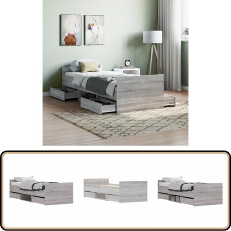 Bettgestell mit Kopf- und Fußteil Grau Sonoma 75x190 cm - Holzbettfassungen - Massivholzbette - Bettkopfstütze - Schubladengestecktes Bett - Graue Möbel