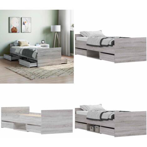 Bettgestell mit Kopf- und Fußteil Grau Sonoma 75x190 cm - Holzbettfassungen - Massivholzbette - Bettkopfstütze - Schubladengestecktes Bett - Graue Möbel - Home & Living