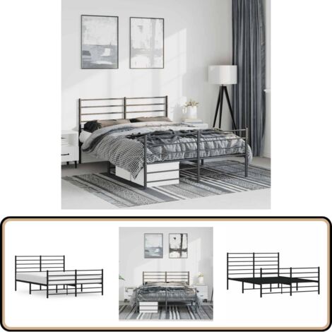 Bettgestell mit Kopf- und Fußteil Metall Schwarz 135x190 cm - Metallbettfgestell - Doppelbett - Boxspringbett - Schlafzimmermöbel - Schwarzes Bettgestell