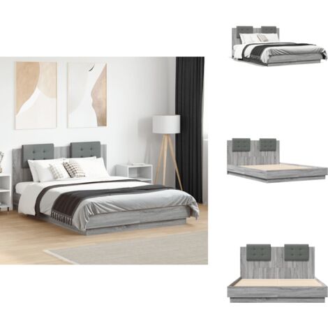 Bettgestell mit Kopfteil Grau Sonoma 135x190 cm Holzwerkstoff - Holzbetten - Doppelbett - Bettkopfteil - Lattenrost - Boxspringbett