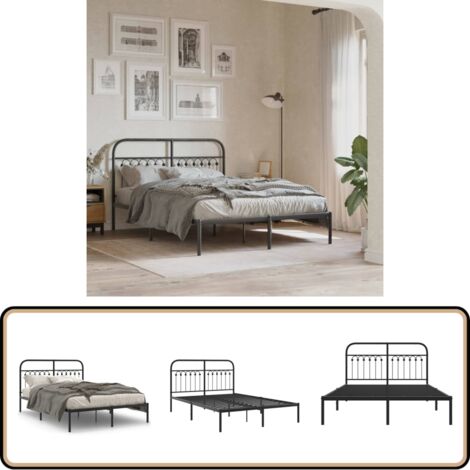 Bettgestell mit Kopfteil Metall Schwarz 140x200 cm - Metallbettfundament - Doppelbett - Schwarzes Bettgestell - Boxspringbett - Schlafzimmermöbel