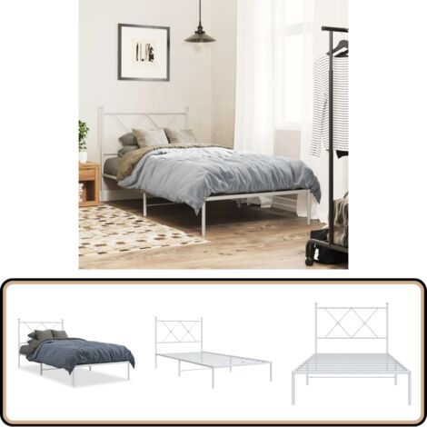 Bettgestell mit Kopfteil Metall Weiß 90x200 cm - Metallbettfundament - Doppelbett Gestell - Weißes Bettgestell - Bettrahmen - Boxspring Rahmen