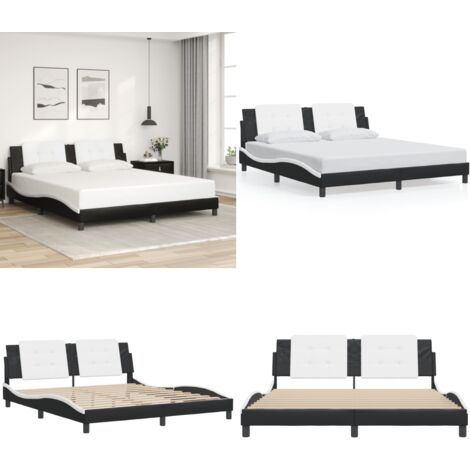 Bettgestell mit Kopfteil Schwarz und Weiß 180x200 cm Kunstleder - Bettstellengestell - Doppelbett - Schlafzimmermöbel - Kunstlederbettwäsche - Boxspringbett - Home & Living