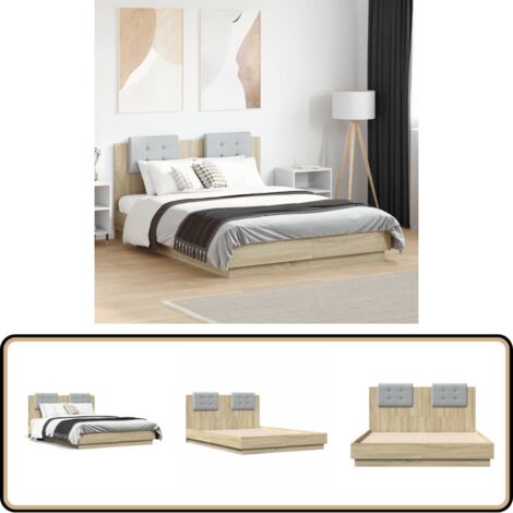Bettgestell mit Kopfteil Sonoma-Eiche 135x190 cm Holzwerkstoff - Holzbetten - Doppelbett - Bettkopfteil - Lattenrost - Eiche Möbel