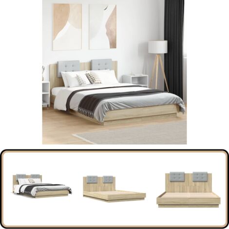 Bettgestell mit Kopfteil Sonoma-Eiche 140x200 cm Holzwerkstoff - Holzbetten - Doppelbett - Bettkopfteil - Lattenrost - Eiche Möbel