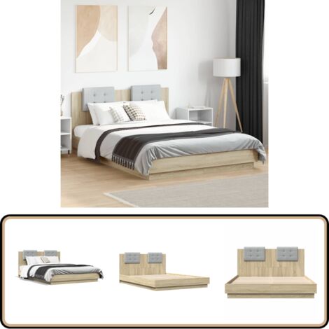 Bettgestell mit Kopfteil Sonoma-Eiche 150x200 cm Holzwerkstoff - Holzbettfassungen - Bettkopfteile - Doppelbett - Lattenrost - Eiche Möbel