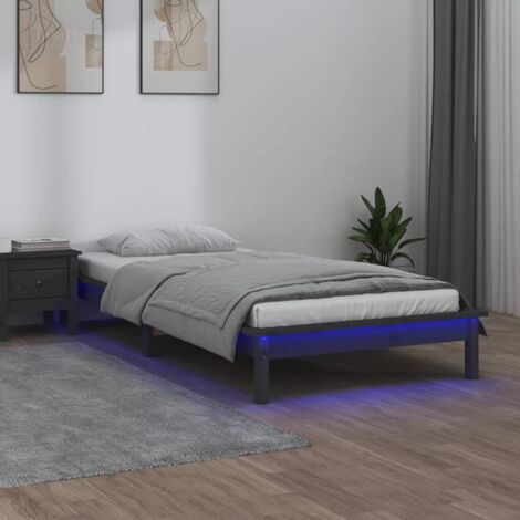 Bettgestell mit LED grau 90x200 cm aus massivem Holz