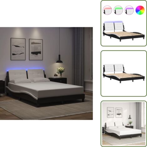 Bettgestell mit LED Schwarz und Weiß 140x200 cm Kunstleder - Bettstellengestell - Schlafzimmermöbel - Doppelbett - Lederbettwäsche - LED Beleuchtung