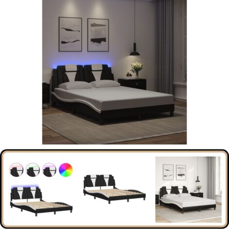 Bettgestell mit LED Schwarz und Weiß 140x200 cm Kunstleder - Bettstellengestell - Schlafzimmermöbel - LED-Bett - Kunstlederbett - Doppelbett