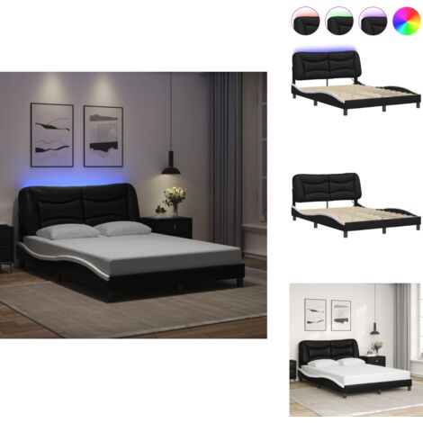 Bettgestell mit LED Schwarz und Weiß 140x200 cm Kunstleder - Bettsystem - Schlafzimmermöbel - Doppelbett - Led-Licht - Kunstleder