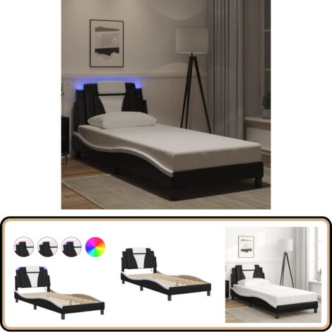 Bettgestell mit LED Schwarz und Weiß 80x200 cm Kunstleder - Bettsofa - Schlafzimmermöbel - Doppelbett - Boxspringbett - Lederbettwäsche