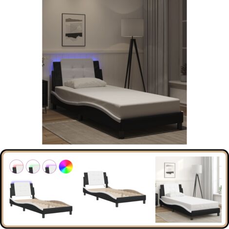 Bettgestell mit LED Schwarz und Weiß 90x190 cm Kunstleder - Bettrahmen - Schlafzimmermöbel - Doppelbett - Lederbettwäsche - LED Beleuchtung