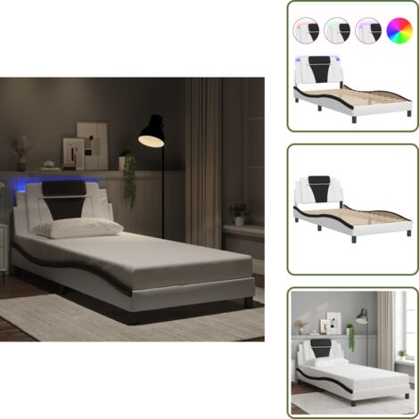 Bettgestell mit LED Weiß und Schwarz 100x200 cm Kunstleder - Bettstellengestell - Schlafzimmermöbel - Doppelbett - Lederbettwäsche - LED Beleuchtung