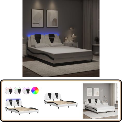 Bettgestell mit LED Weiß und Schwarz 120x200 cm Kunstleder - Bettstellengestell - Schlafzimmermöbel - Doppelbett - Lederbettwäsche - LED Beleuchtung