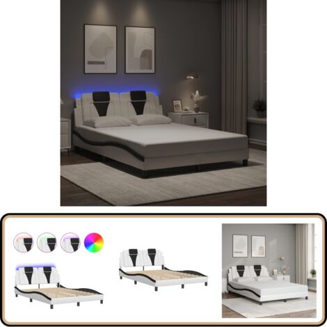 Bettgestell mit LED Weiß und Schwarz 140x200 cm Kunstleder - Bettstellengestell - Schlafzimmermöbel - Doppelbett - Lederbettwäsche - LED Beleuchtung