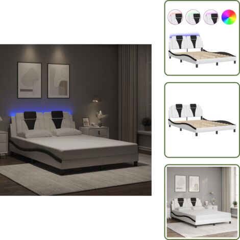Bettgestell mit LED Weiß und Schwarz 140x200 cm Kunstleder - Bettstellengestell - Schlafzimmermöbel - Doppelbett - Lederbettwäsche - LED Beleuchtung