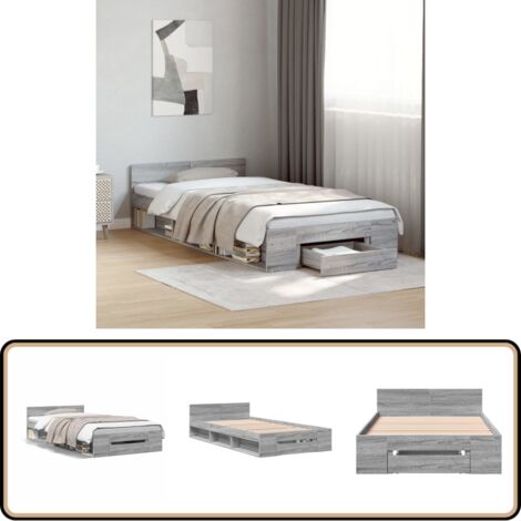 Bettgestell mit Schublade Grau Sonoma 90x190 cm Holzwerkstoff - Bettesrahmen - Holzbettfundament - Schlafzimmermöbel - Doppelbett - Einzelbett