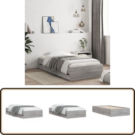 Bettgestell mit Schubladen Grau Sonoma 90x200 cm Holzwerkstoff - Bettes - Holzbetten - Schlafzimmermöbel - Lattenrost - Kommode