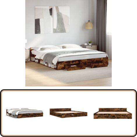 Bettgestell mit Schubladen Räuchereiche 200x200cm Holzwerkstoff - Bettesrahmen - Doppelbett - Holzbettrahmen - Holzlattenrost - Schrankbett