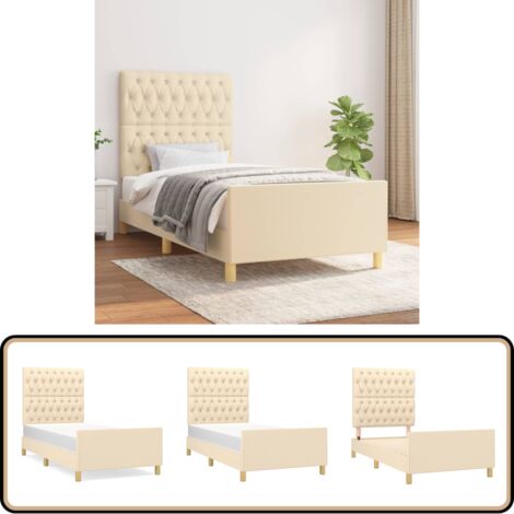 Bettgestell ohne Matratze Creme 100x200 cm Stoff - Bettgestell - Holzrahmen - Lattenrost - Kopfteil - Cremefarbenes Bett
