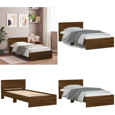 Bettgestell ohne Matratze mit Kopfteil Braun Eiche 100x200 cm - Holzbettfassungen - Doppelbett - Bettkopfteil - Lattenrost - Massivholzbette - Home & Living