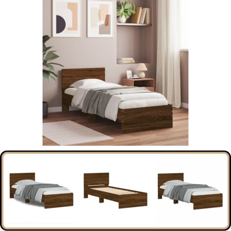 Bettgestell ohne Matratze mit Kopfteil Braun Eiche 90x200 cm - Holzbettrahmen - Doppelbett - Bettkopfteil - Lattenrost - Massivholzbette