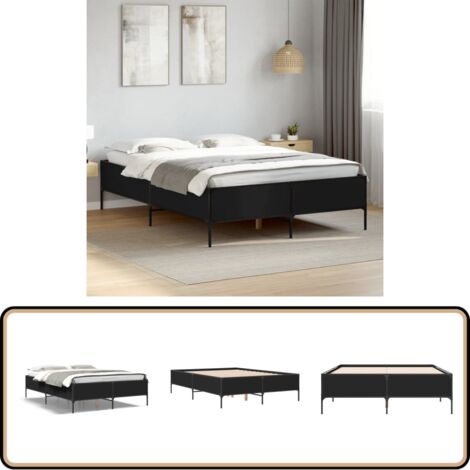 Bettgestell Schwarz 135x190 cm Holzwerkstoff und Metall - Schlafzimmerbettwäsche - Doppelbett - Lattenrost - Boxspringbett - Bettkasten