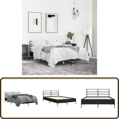 Bettgestell Schwarz 140x200 cm Holzwerkstoff und Metall - Bettes Gestell - Doppelbett - Holzrahmen - Schwarzes Bett - Lattenrost