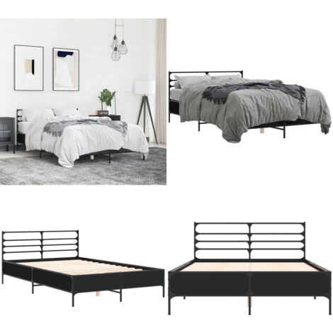 Bettgestell Schwarz 140x200 cm Holzwerkstoff und Metall - Bettes Gestell - Doppelbett - Holzrahmen - Schwarzes Bett - Lattenrost - Home & Living