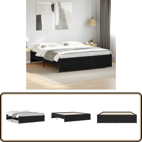 Bettgestell Schwarz 180x200 cm Holzwerkstoff und Metall - Schlafzimmerbettwäsche - Doppelbett - Boxspringbett - Lattenrost - Bettrahmen