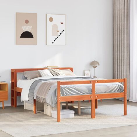 Bettgestell und Kopfteil Wachsstift braun 160x200 cm Kiefernholz