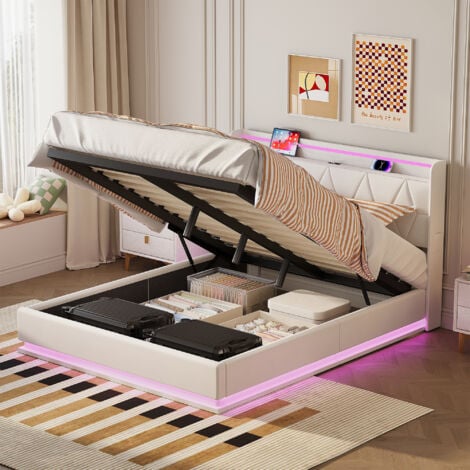 TANANT Bettkasten 140x200 cm, Doppelbett mit Lattenrost, integrierte LED-Beleuchtung und USB-Aufladung, Kopfteil mit Diamant-Dekor, Stauraum, Design, Flanell, Weiß