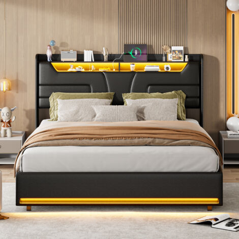 Bettkasten 160 x 200 cm, Erwachsenenbett 140 x 200 LED, Bett mit Lattenrost und integriertem Stauraum, PU-Stoff, Schwarz